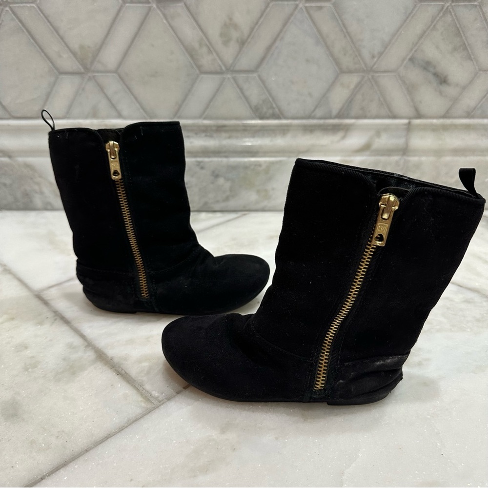 Size 9 Toddler Girl Black Faux Suede Boots with Gold Zipper